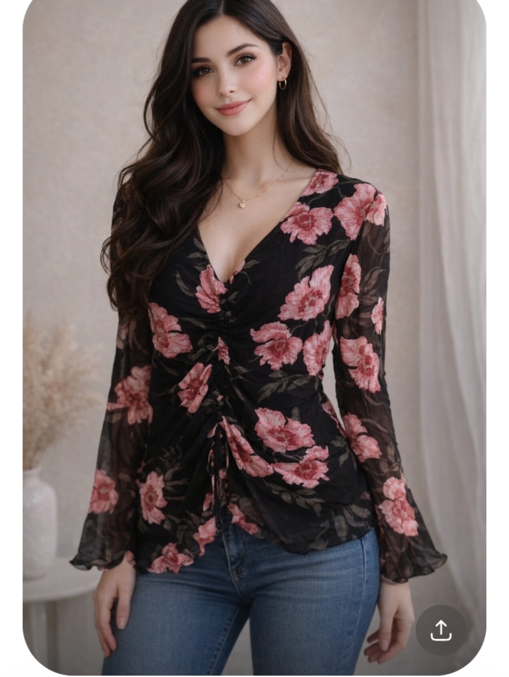 INC International Concepts Black Floral V-Neck Gathered Blouse – XL